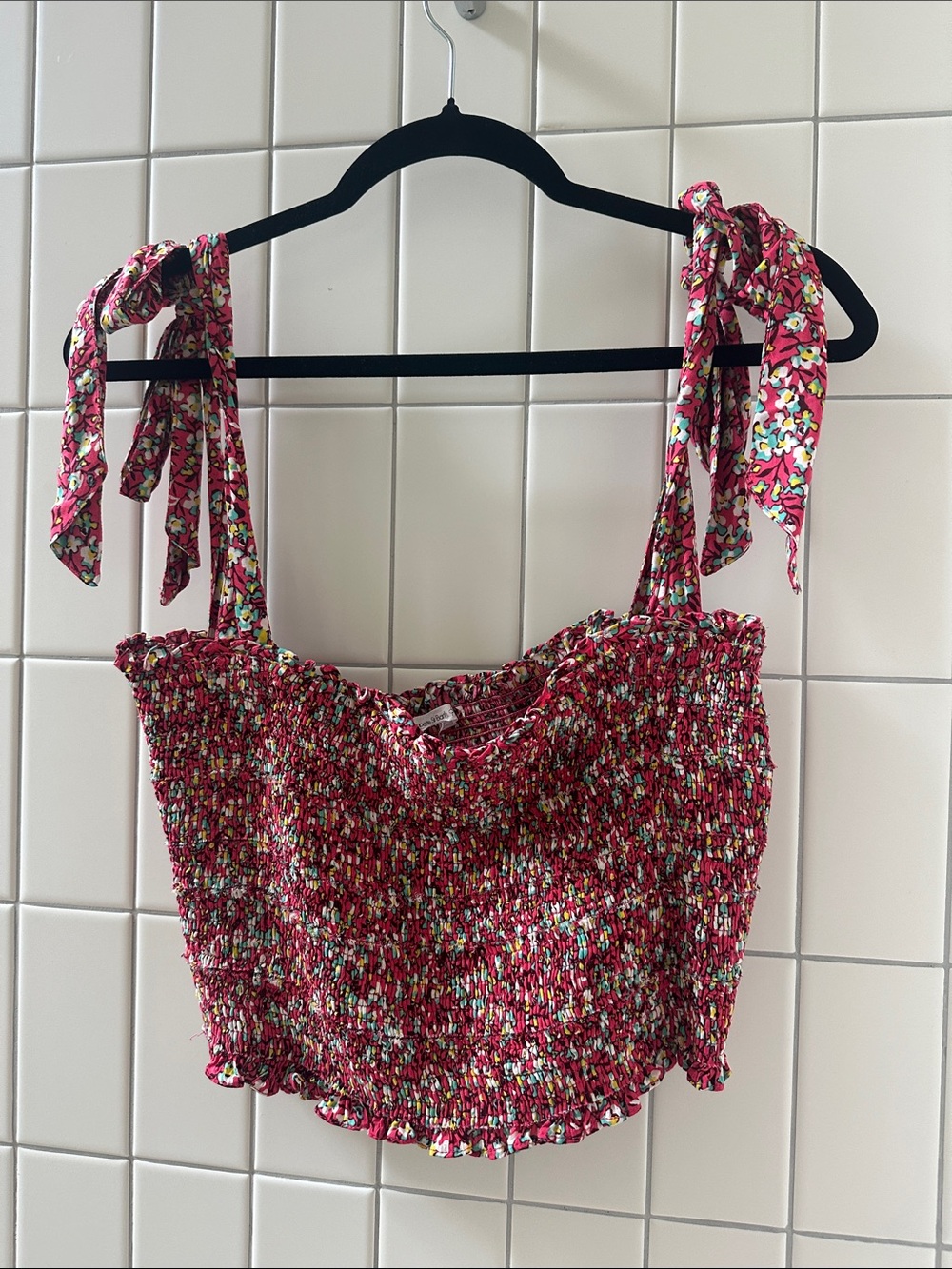 NWOT Poupette St. Barth Pink Floral Smocked Tie-Strap Crop Top, size M